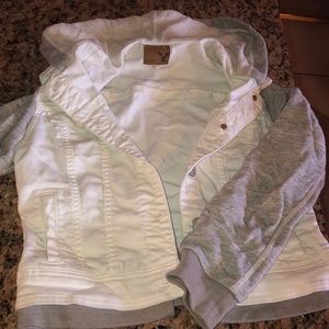 White denim and gray hoodie